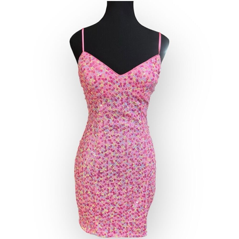 NWOT City Triangles Sequin Mini Dress Pink Bow Back Size XS